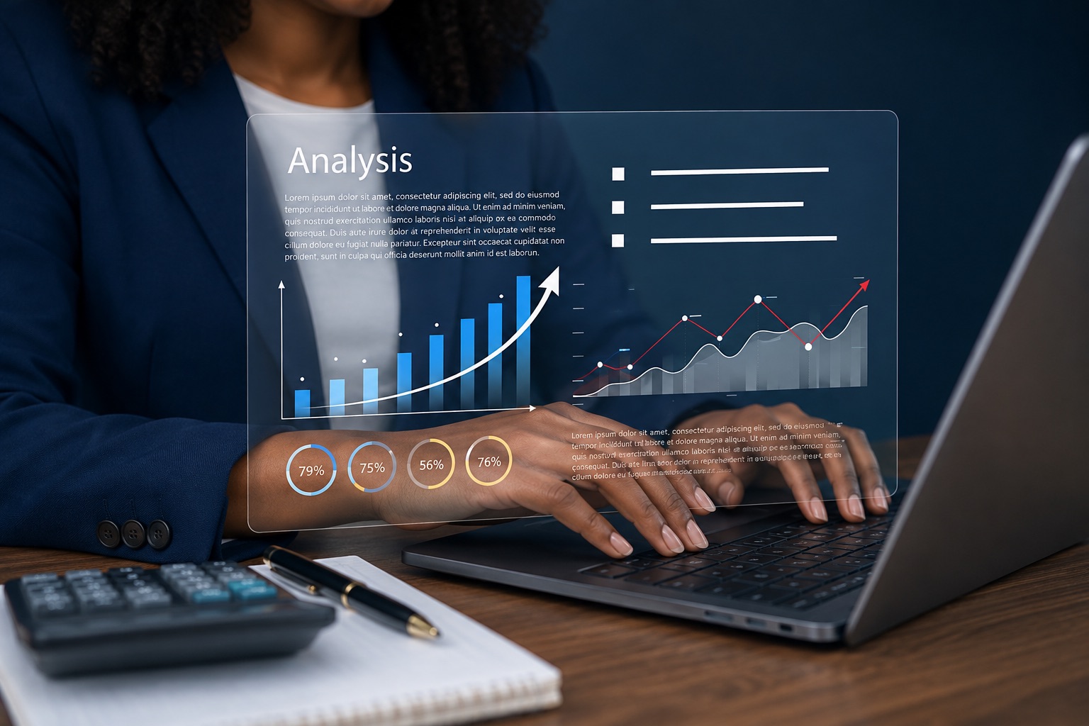 Analytics dashboard displayed over a professional working on a laptop