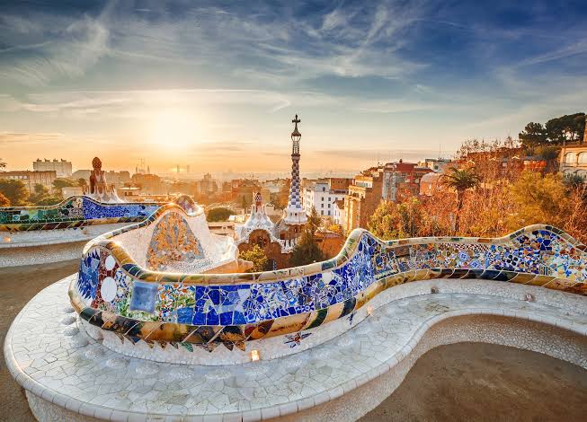 Park Güell overlooking Barcelona at sunset