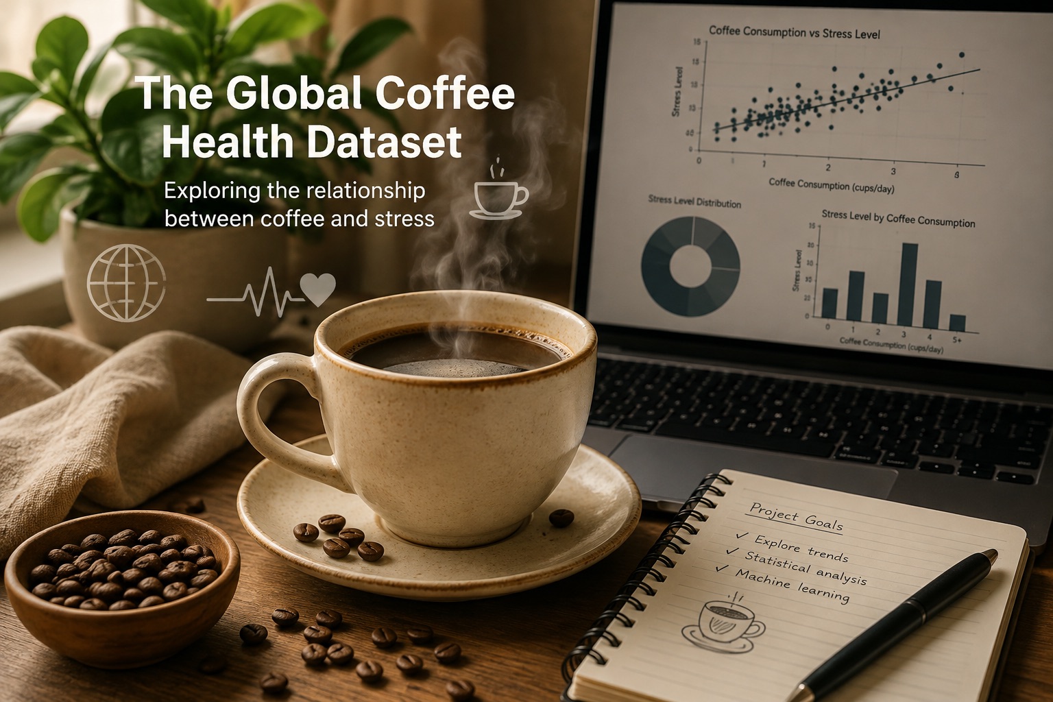 Coffee cup beside a laptop displaying Global Coffee Health Dataset charts