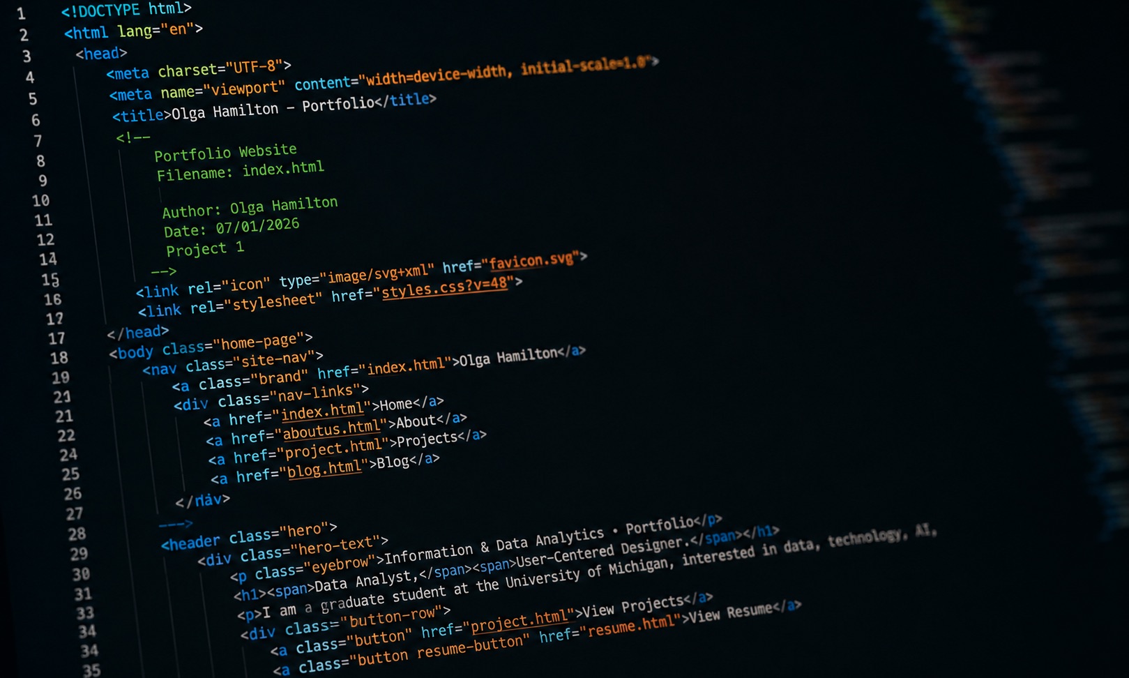 HTML source code for Olga Hamilton's portfolio displayed on a dark computer screen