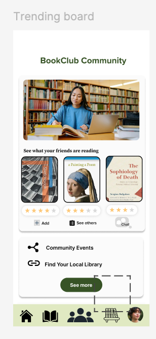 BookClub community and trending board screen
