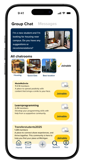 Campus Connect group chat and suggested communities screen