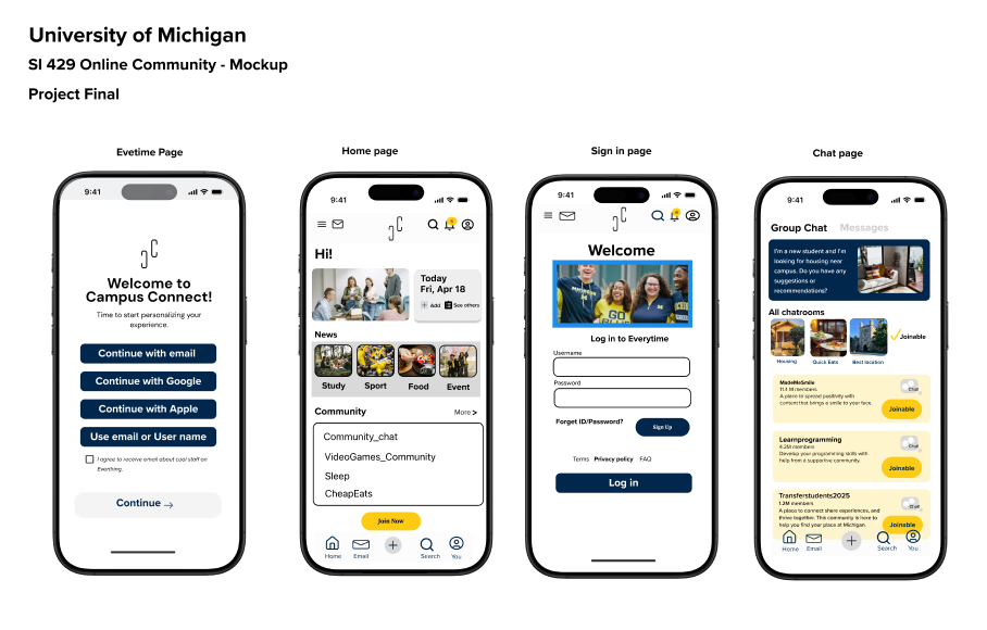Campus Connect mobile app screens