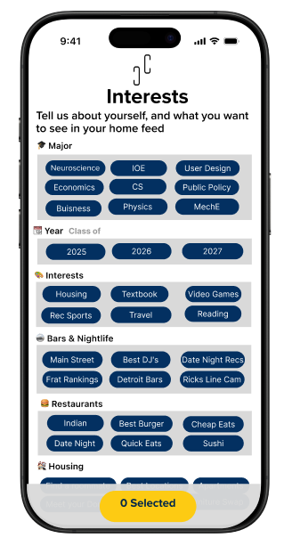 Campus Connect interest selection screen