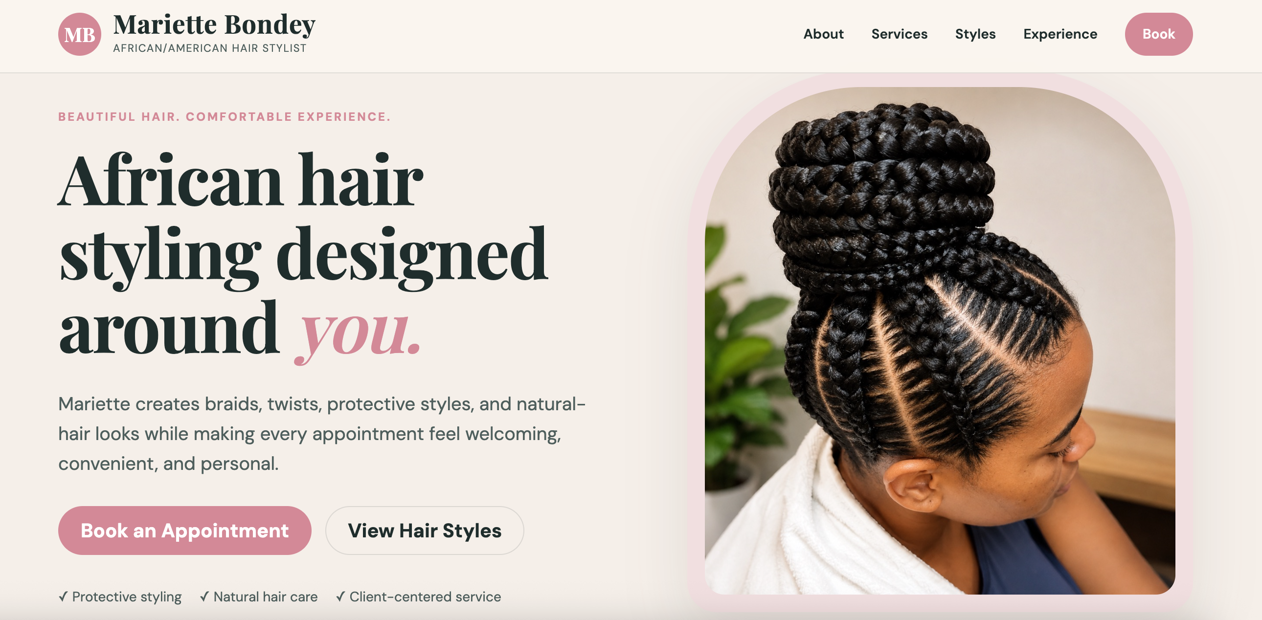 Mariette Bondey hair-styling website homepage